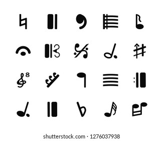 Vector Illustration Of 20 Icons. Editable Pack Natural, Thirty second note, Flat, Bold double bar line, Quarter Eighth Half Octave clef, Alto clef