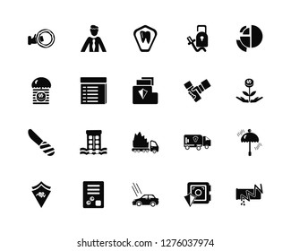 Vector Illustration Of 20 Icons. Editable Pack Lifebuoy, Safe box, Car, Receipt, Shield, Chart, Handshake, Arm, Calendar, Dental