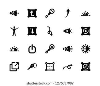 Vector Illustration Of 20 Icons. Editable Pack Volume, Right, Time, Key, Output, Brightness, Zoom in, Down, out