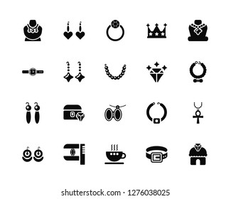 Vector Illustration Of 20 Icons. Editable Pack Necklace, Belt, Cup, Measurement, Earrings, Diamond, Brooch, Ring