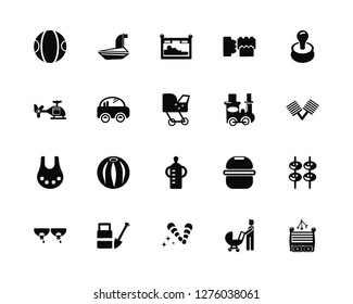 Vector Illustration Of 20 Icons. Editable Pack Ball, Fatherhood, Rattle, Sand bucket, Necklace, Pacifier, Train, Feeding bottle, Bib, Baby stroller, Crib