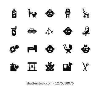 Vector Illustration Of 20 Icons. Editable Pack Mobile phone, Puzzle, Teddy bear, Abacus, Shapes, Baby stroller, girl, boy, Pacifier, Car, girl