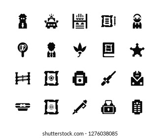 Vector Illustration Of 20 Icons. Editable Pack Detective, Padlock, Pen, World, Scroll, Thief, Law book, Shield, Police line, Lawyer, Prisoner