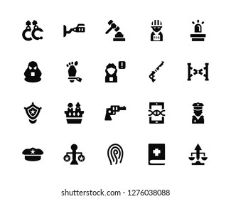 Vector Illustration Of 20 Icons. Editable Pack Handcuffs, Bible, Fingerprint, Justice, Police cap, Alarm, Shotgun, Revolver, badge, Corpse, Judge