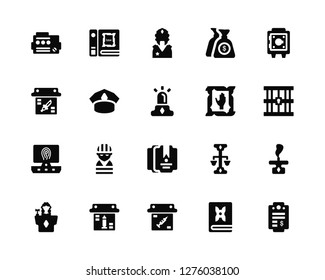 Vector Illustration Of 20 Icons. Editable Pack Folder, Law book, Evidence, Judge, Save, Hand, Documents, Fingerprint, Police hat, 