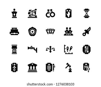 Vector Illustration Of 20 Icons. Editable Pack Conference, Gavel, Agreement, Courthouse, Law, Sand clock, Jury, Balance, Pillar, Police badge, Handcuffs