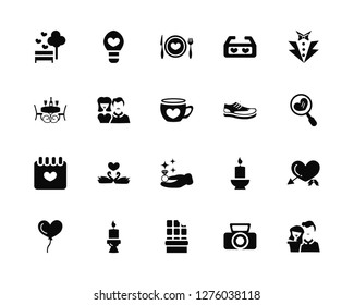 Vector Illustration Of 20 Icons. Editable Pack Park, Take a photo, Chocolates, Candles, Heart balloon, Vest, Shoes, Proposal, Date, Couple, Romantic dinner