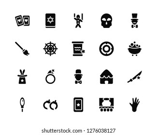 Vector Illustration Of 20 Icons. Editable Pack Playing cards, Stage, Tarot, Handcuffs, Mirror, Magician, Target, Magic assistant, hat, Spider web, Dummy