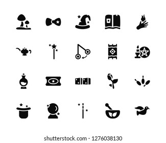 Vector Illustration Of 20 Icons. Editable Pack Mushroom, Mortar, Magic wand, Crystal ball, Magic, Fire, Carpet, Dices, Poison, Witch hat