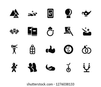 Vector Illustration Of 20 Icons. Editable Pack Pyramid, Unicycle, Moon, Gloves, Voodoo doll, Magic lamp, Wand, Hand, Acrobatic, Book, Tarot