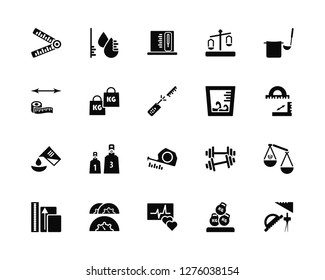 Vector Illustration Of 20 Icons. Editable Pack Carpenter Ruler, Heavy Weight, Heart Meter, Speed Indicator, Resize Square, Soup Spoon, Water Deep Measuring, Measureming Tape