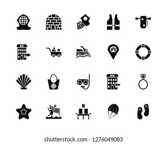 Vector Illustration Of 20 Icons. Editable Pack Aqualung, Parasailing, Waiting room, Beach volleyball, Starfish, Towel, Location, Snorkel, Seashell, Room service, Aqualung