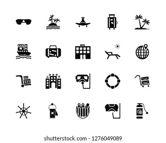 Vector Illustration Of 20 Icons. Editable Pack Sunglasses, Aqualung, Beach bag, Towel, Helm, Palm tree, Sunbed, Snorkel, Trolley, Luggage, Airplane
