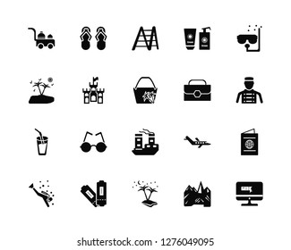 Vector Illustration Of 20 Icons. Editable Pack Room service, Mountains, Island, Ticket, Scuba diving, Briefcase, Cruise, Cocktail, Sand castle, Ladder