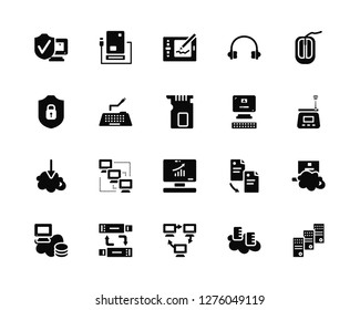 Vector Illustration Of 20 Icons. Editable Pack Shield, Cloud server, Network, Backup, Hosting, Mouse, Computer, Monitor, Download, Keyboard, Graphic tablet