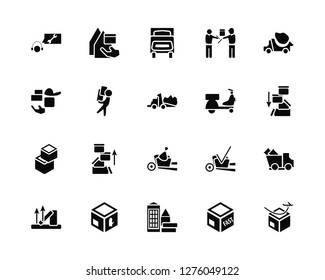 Vector Illustration Of 20 Icons. Editable Pack Customer Support, Box, Home delivery, Package, Truck, Motorcycle, Trolley, Boxes, Delivery Man, Truck