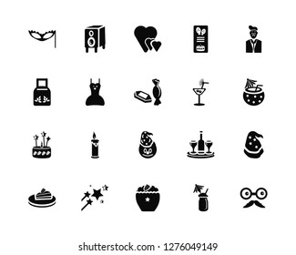Vector Illustration Of 20 Icons. Editable Pack Woman Mask, Juice Bottle with Straw, Cupcake big cherry, Magic Trick, Slice of Cake, Suit and Tie, Martini Glass Olive, Clown Head Hat