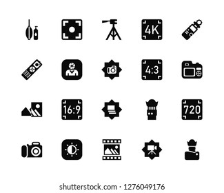 Vector Illustration Of 20 Icons. Editable Pack Cleaning, Video camera, Picture, Exposure, Photo Light meter, Aspect, Gallery, Blur, User, Tripod