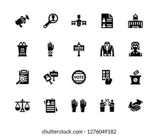 Vector Illustration Of 20 Icons. Editable Pack Megaphone, Debate, Statistics, Leaflet, Balance, Capitol, Suit, Badge, Checking, Oath, Garlands