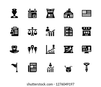 Vector Illustration Of 20 Icons. Editable Pack Police, Pie chart, Bar Newspaper, Flag, United states of america, Ballot, Rating, Top hat, Balance, Newspaper
