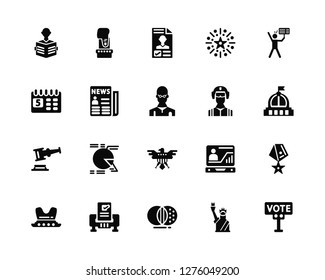 Vector Illustration Of 20 Icons. Editable Pack Newspaper, Statue of liberty, Merging, Ballot, Hat, Protest, Soldier, United states america, Auction, Ballot