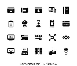 Vector Illustration Of 20 Icons. Editable Pack Bug, Keyboard, Server, Api, Monitor, Programming, Smartphone, Password, Error 404, Database, Analytics