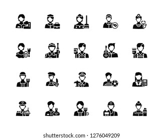 Vector Illustration Of 20 Icons. Editable Pack Seamstress, Electrician, Gardener, Photographer, Captain, Doctor, Guitar player, Pilot, Farmer, Militar, Maid