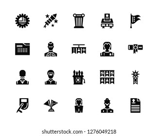 Vector Illustration Of 20 Icons. Editable Pack Badge, Surgeon, Candidate, Flags, Nightstick, Nurse, Fireworks, Waiter, Priest, Column