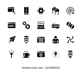 Vector Illustration Of 20 Icons. Editable Pack Browser, Idea, Settings, Coffee cup, Key, Refresh, Keyboard, Startup, Cogwheel, Microchip