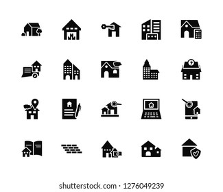 Vector Illustration Of 20 Icons. Editable Pack House, Real estate, Deposit, Brick wall, Catalogue, Calculate, state, Search, Placeholder, Apartment, House key