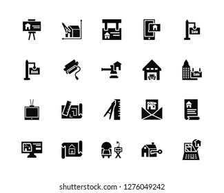 Vector Illustration Of 20 Icons. Editable Pack Slides, Key, House decoration, print, Real estate, For sale, Garage, Measure, Tv, Paint roll, Advertisement