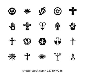 Vector Illustration Of 20 Icons. Editable Pack Caodaism, Judaism, Christianity, Aaronic Order Church, Buddhism, Celtic Cross, Ankh, Confucianism, Orthodox, Odin