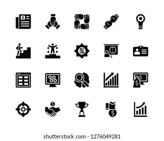 Vector Illustration Of 20 Icons. Editable Pack Contract, Investment, Trophy, Deal, Target, Creativity, Presentation, Research, Business, Success, Teamwork