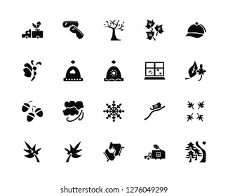Vector Illustration Of 20 Icons. Editable Pack Ice cream van, cart, skate, Leaf, Baseball cap, Autumn, Snowflake, Acorn, Beanie, Tree