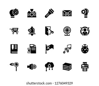 Vector Illustration Of 20 Icons. Editable Pack Alarm clock, Layers, Upload, Volume, Search, Idea, Worldwide, Flag, Bookmark, Bell, Flashlight
