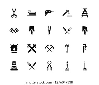 Vector Illustration Of 20 Icons. Editable Pack Scissors, Plunger, Clipper, Repair Screwdriver, Cone, Open Scale, Gardening Digger, Gallon Oil, Palette