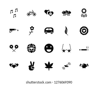 Vector Illustration Of 20 Icons. Editable Pack Quaver, Dove, Cannabis, Victory, Love, Dreamcatcher, Feather, Happy, Flower, Hearts