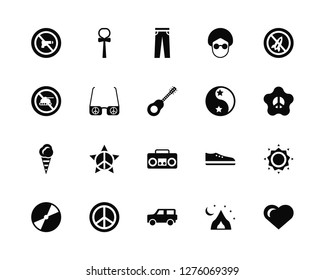 Vector Illustration Of 20 Icons. Editable Pack Pacifism, Tent, Car, Vinyl, Yin yang, Boombox, Ice cream, Sunglasses, Jeans