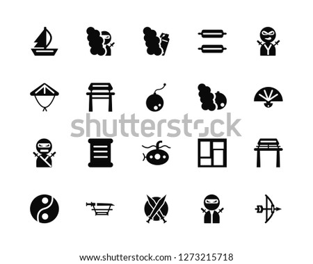 Vector Illustration Of 20 Icons. Editable Pack Sail, Ninja, Katana, Fan, Yin yang, Smoke bomb, Underwater, Dojo, bomb