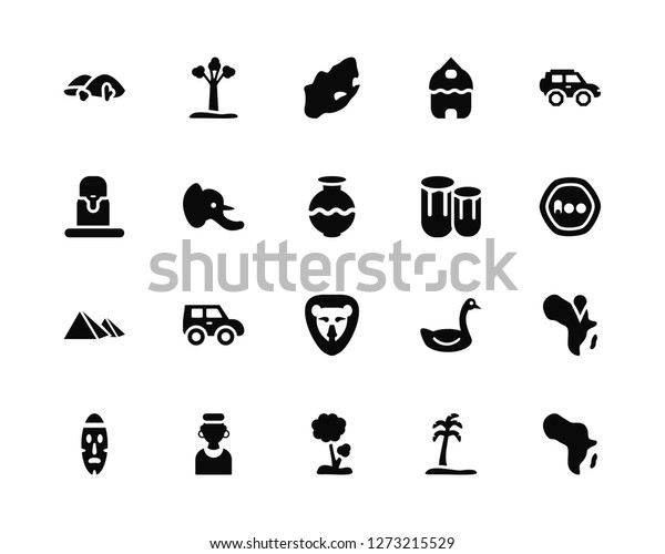 Vector Illustration Of 20 Icons. Editable Pack\
Desert, Oasis, Tree, African, Mask, Car, African drum, Lion,\
Pyramids, Elephant, South\
africa