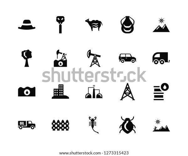 Vector Illustration Of 20 Icons. Editable Pack Hat,
Beetle, Scorpion, Fence, Truck, Sun, Car, Industry, Petroleum,
Explosion, Camel
