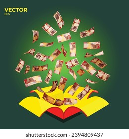 Vector illustration of A lot of 200 Ghanaian cedi notes coming out of an opened red gift box. money flying out of box, editable and scalable eps