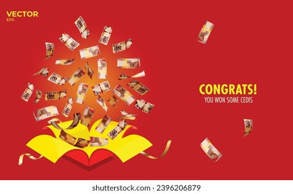 Vector illustration of A lot of 200 Ghanaian cedi notes coming out of an opened red gift box. money flying out of box. editable eps	