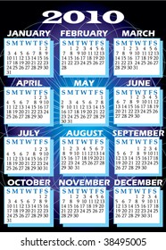 Vector Illustration of 2010 Calendar with all 12 months.