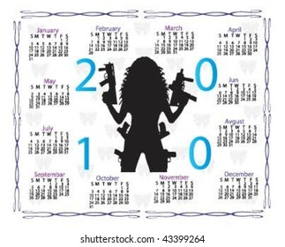 Vector illustration of 2010 Calendar with Hot Lady and weapons.