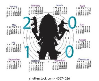 Vector illustration of 2010 Calendar with hot woman and weapons,target.
