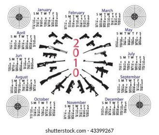 Vector illustration of 2010 Calendar with weapons and target.