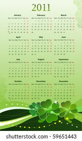 Vector illustration of 2011 calendar for St. Patricks Day, starting from Mondays