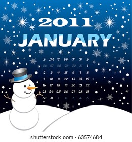 Vector Illustration of 2011 Calendar. Winter Scene, vector Illustration with starry night and snowflakes.