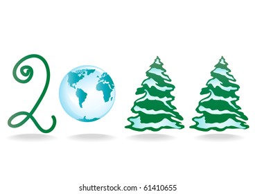 Vector illustration of 2011 Happy New Year with Christmas trees and a globe